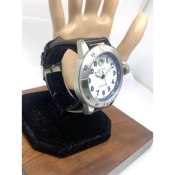 Nautica Men's Watch N14524 Quartz White Dial Date Black Leather Band 46mm - Picture 14 of 14